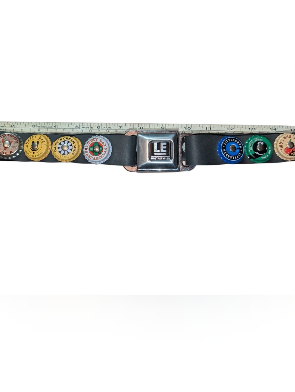Black Seatbelt-Style Belt with Multicolor Soda Cap Accents